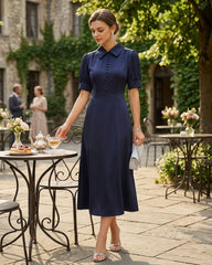 Navy Collar Puffed Sleeve Satin Midi Dress