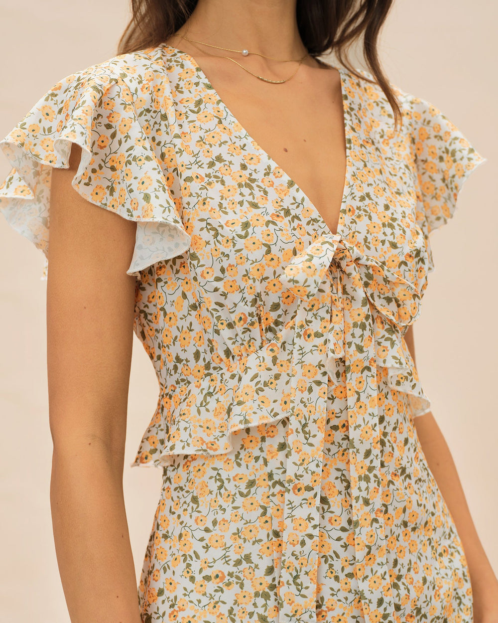 Yellow V Neck Floral Ruffle Midi Dress