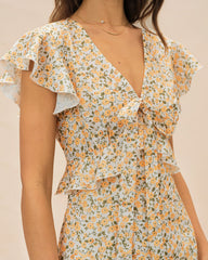 Yellow V Neck Floral Ruffle Midi Dress