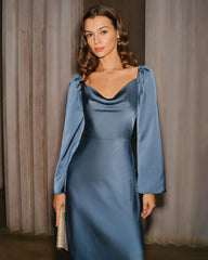 Blue Cowl Neck A-Line Midi Dress