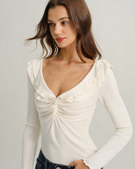 Beige V Neck Ruffle Twist Tee