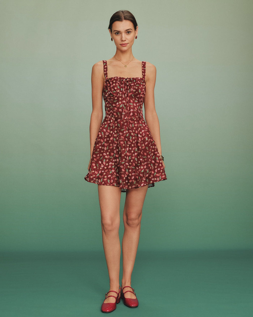 Red Tie Floral Slip Mini Dress