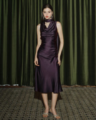 Purple Cowl Neck Mermaid Satin Midi Dress