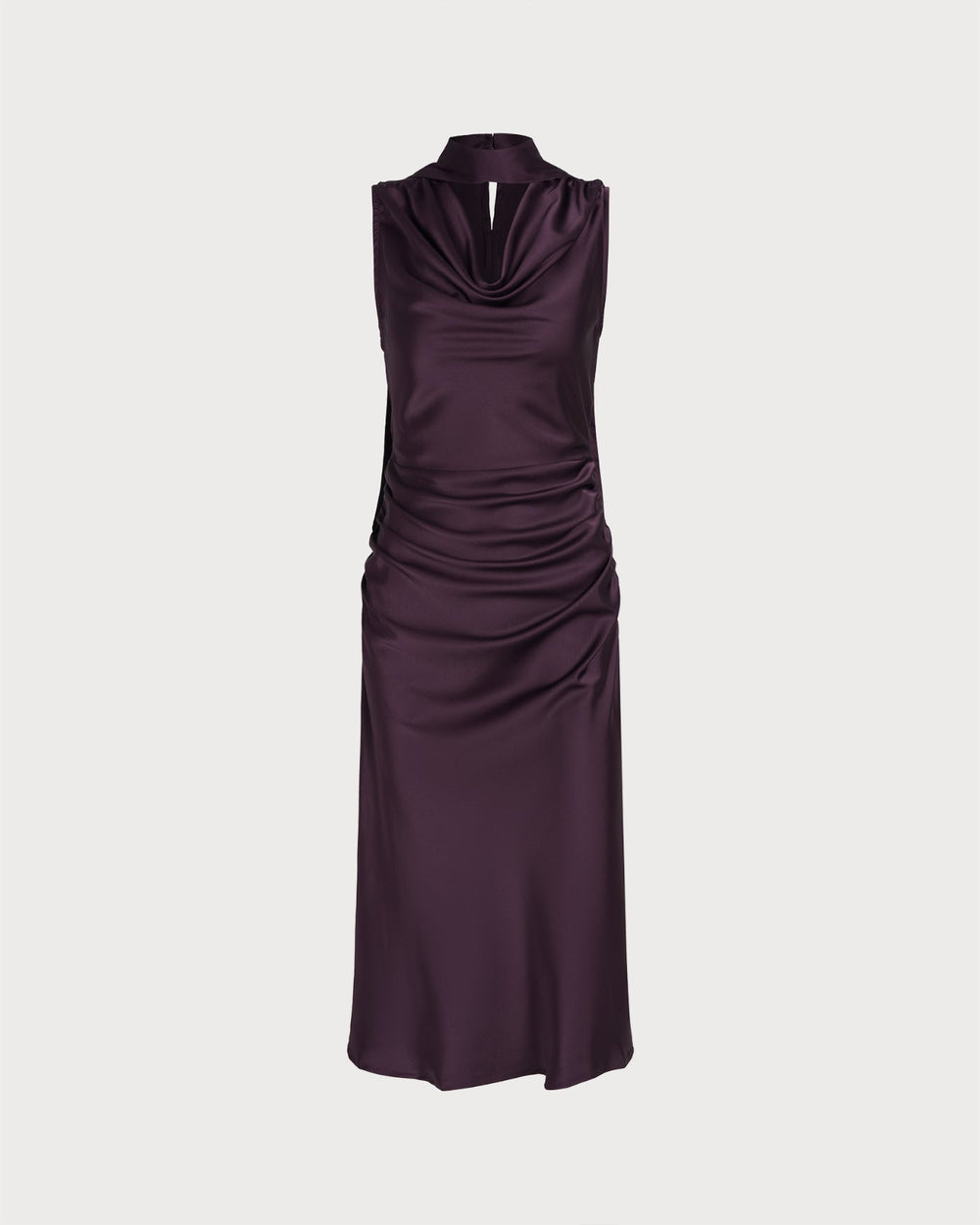 Purple Cowl Neck Mermaid Satin Midi Dress