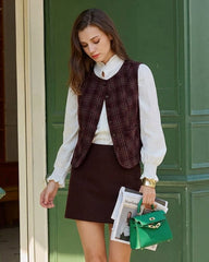 Wine Red Plaid Single Breasted Vest
