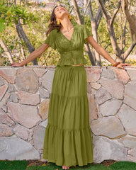 Green Elastic Waist Chiffon Maxi Skirt