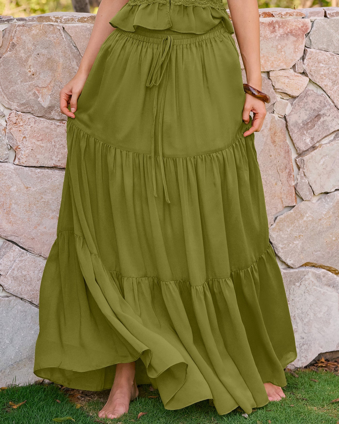 Green Elastic Waist Chiffon Maxi Skirt