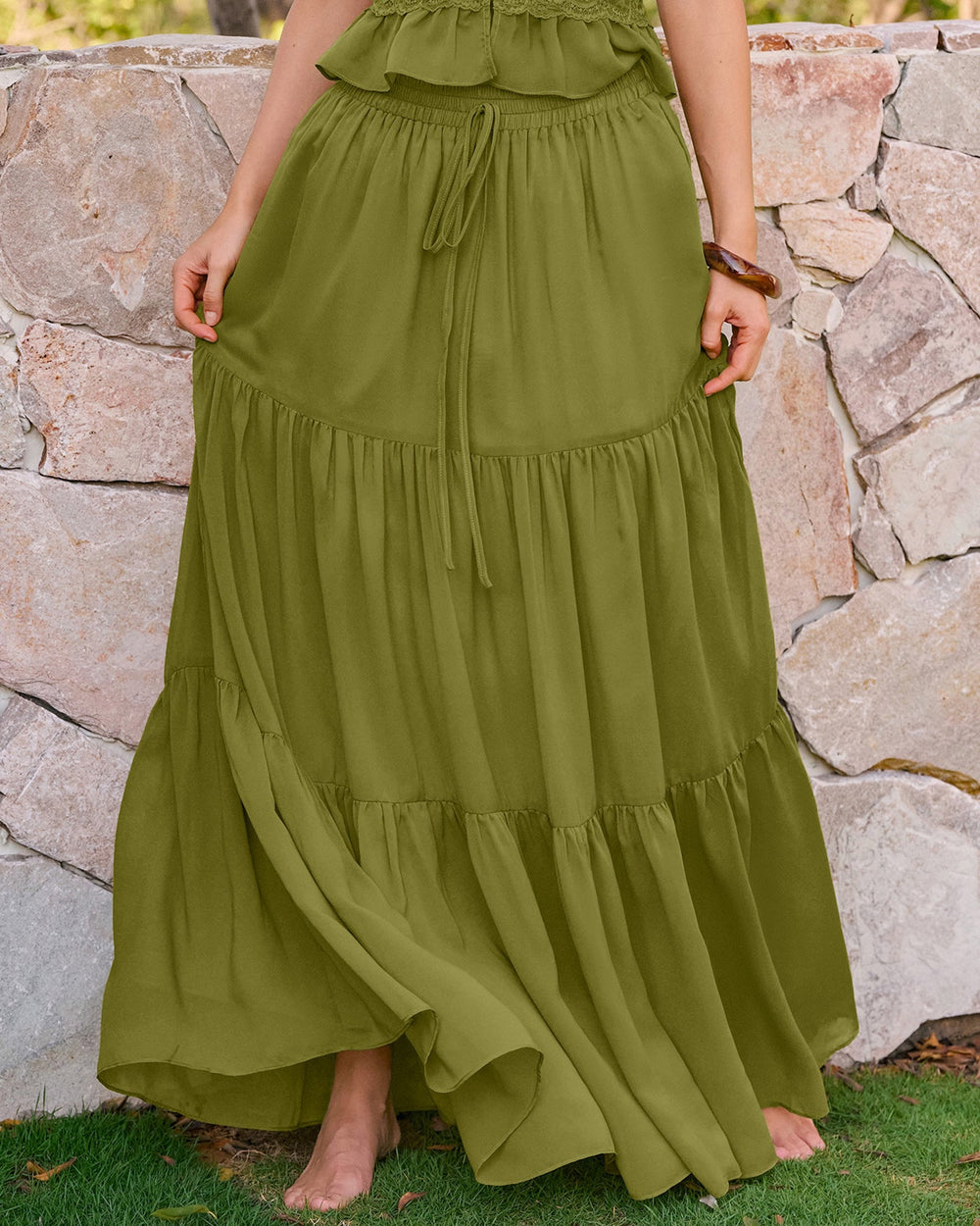 Green Elastic Waist Chiffon Maxi Skirt