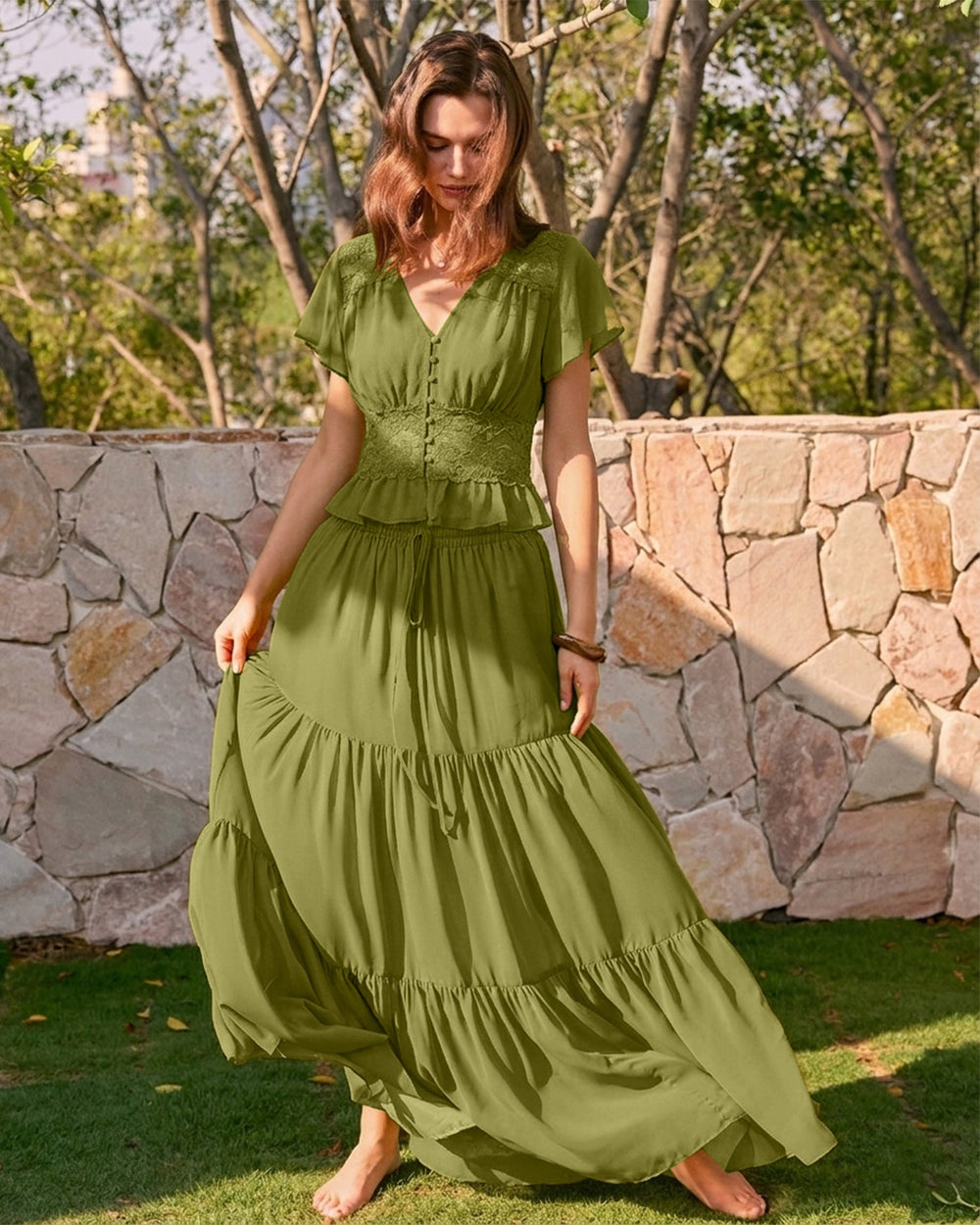 Green Elastic Waist Chiffon Maxi Skirt