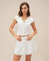 White Splicing Elastic Waist Mini Skirt