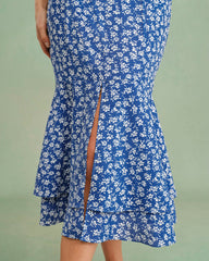 Blue Floral Mermaid Midi Skirt