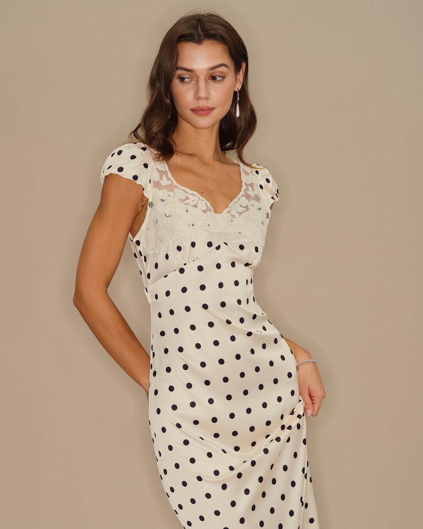 Apricot Polka Dot Lace Maxi Dress