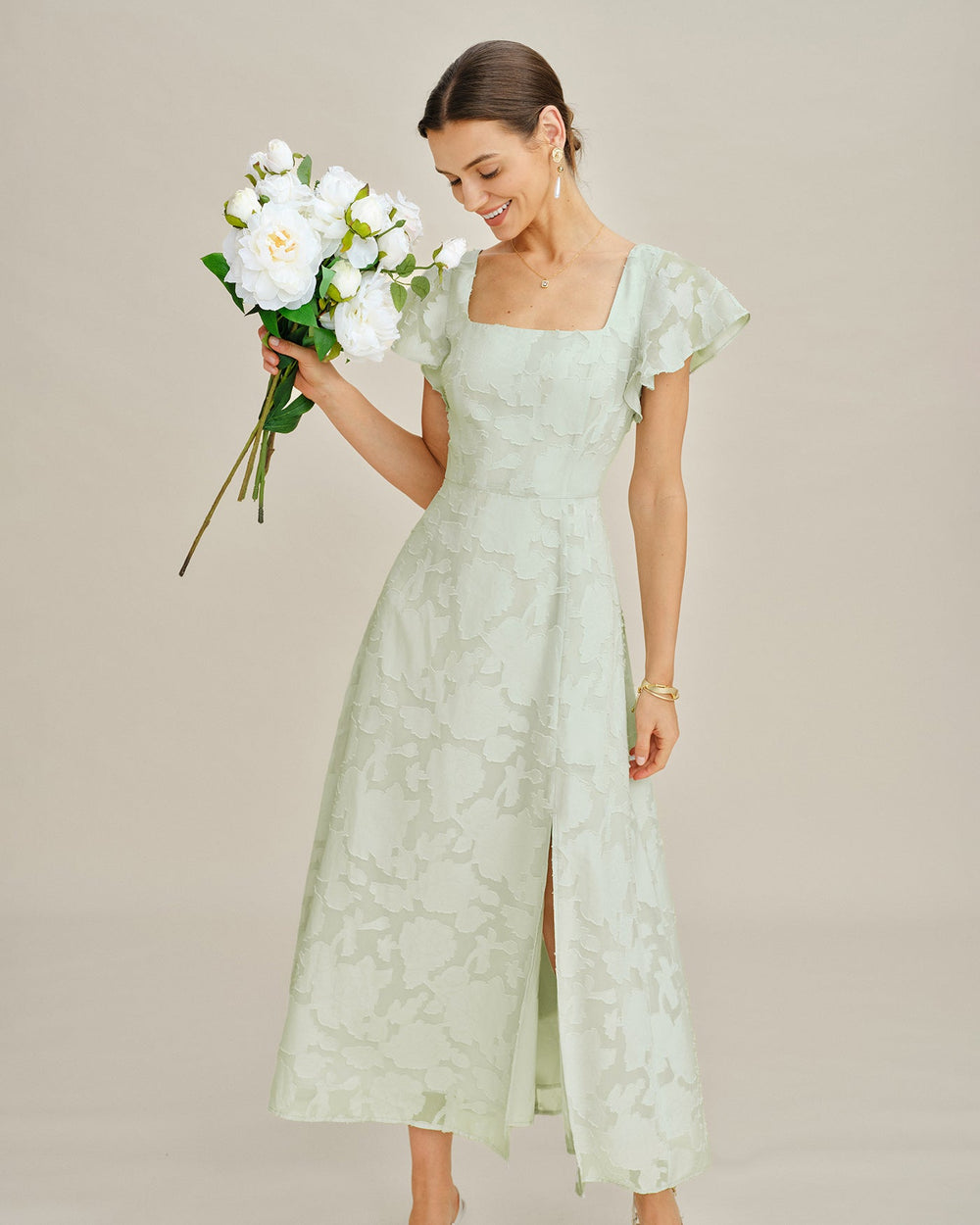 Green Square Neck Floral Textured Midi Dress