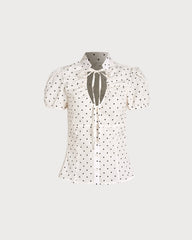 White Mandarin Collar Polka Dot Tee