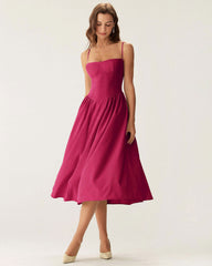 Wine Red Square Neck Pocket Slip Midi Dress