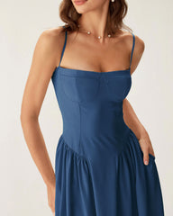 Navy Square Neck Pocket Slip Midi Dress