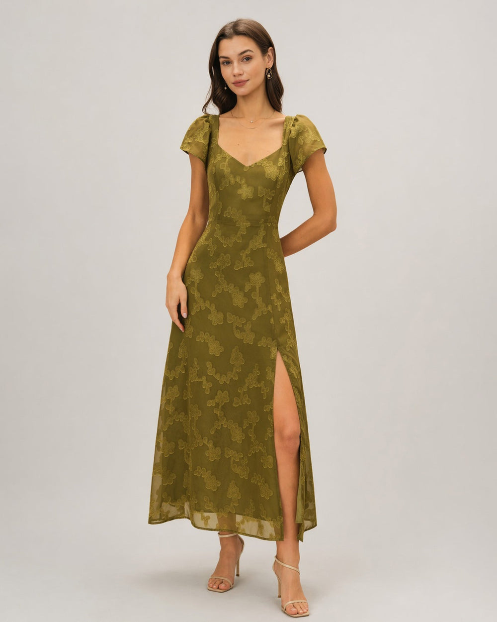 Green Sweetheart Neck Jacquard Maxi Dress
