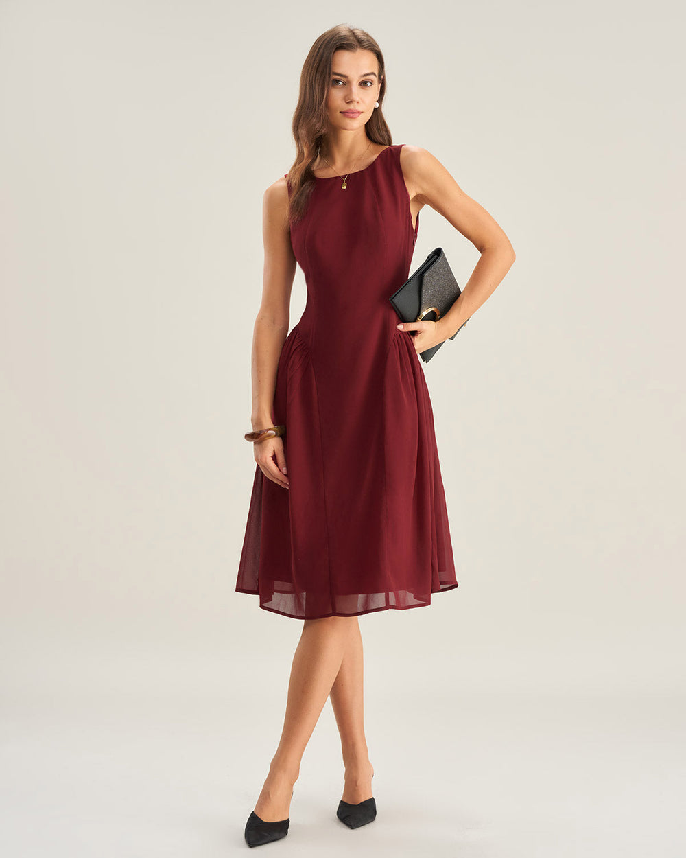 Wine Red Chiffon Sleeveless Midi Dress