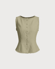 Green Boat Neck Single Breasted Vest