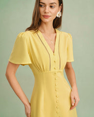 Yellow V Neck Button Midi Dress