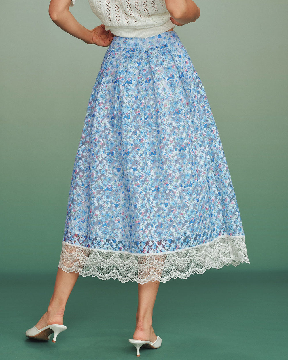 Blue Floral Lace A-Line Skirt