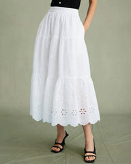 White Floral Textured Midi Skirt