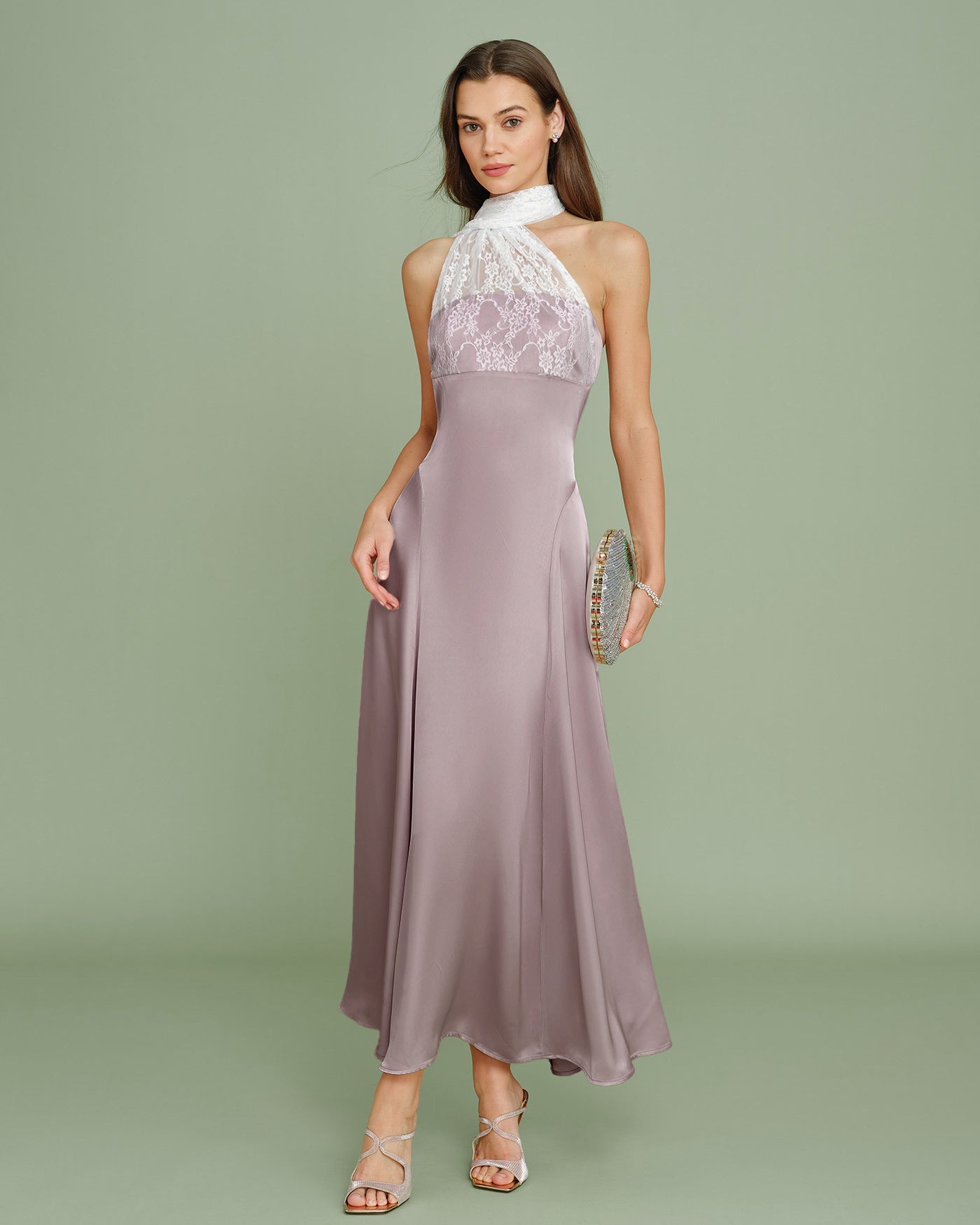 Pink One Shoulder Lace Splicing Maxi Dress