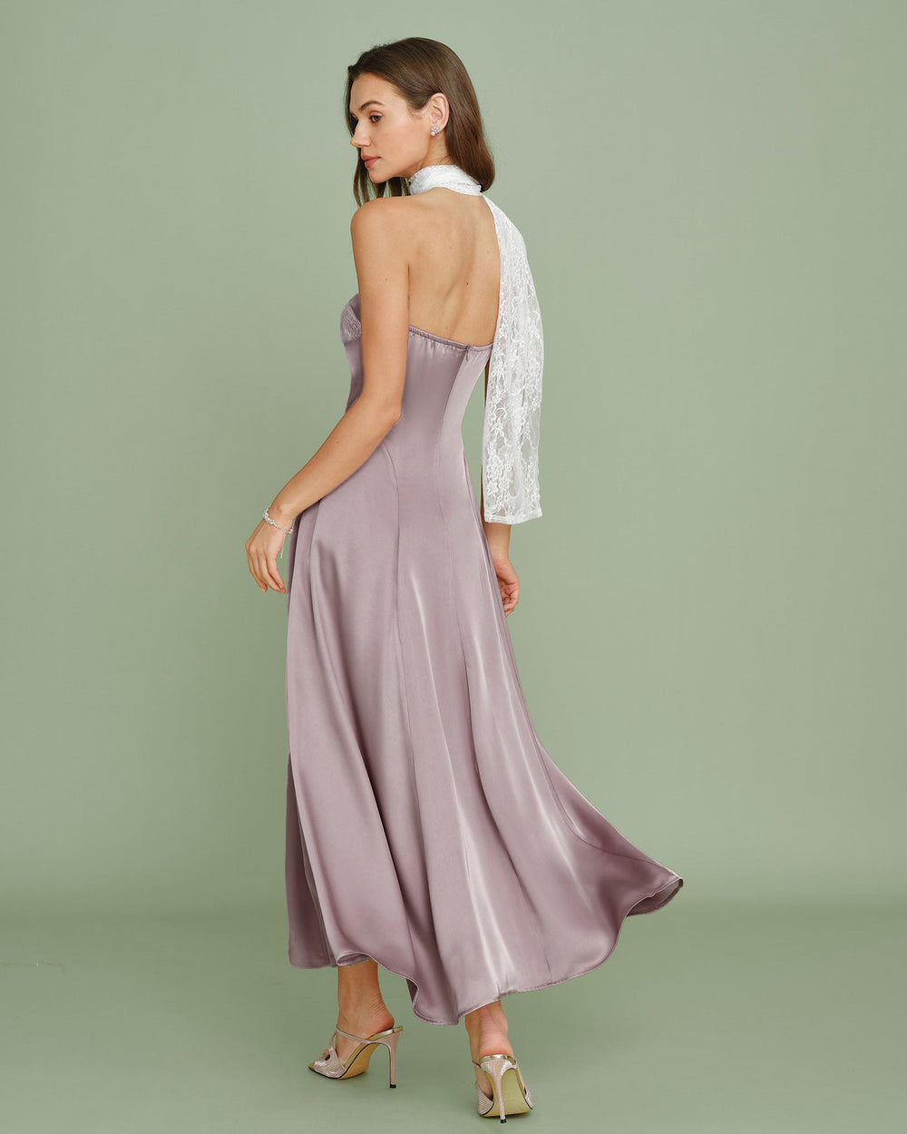 Pink One Shoulder Lace Splicing Maxi Dress