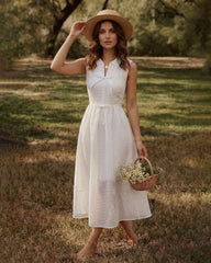 White Striped Sleeveless Midi Dress
