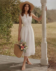 White Striped Sleeveless Midi Dress