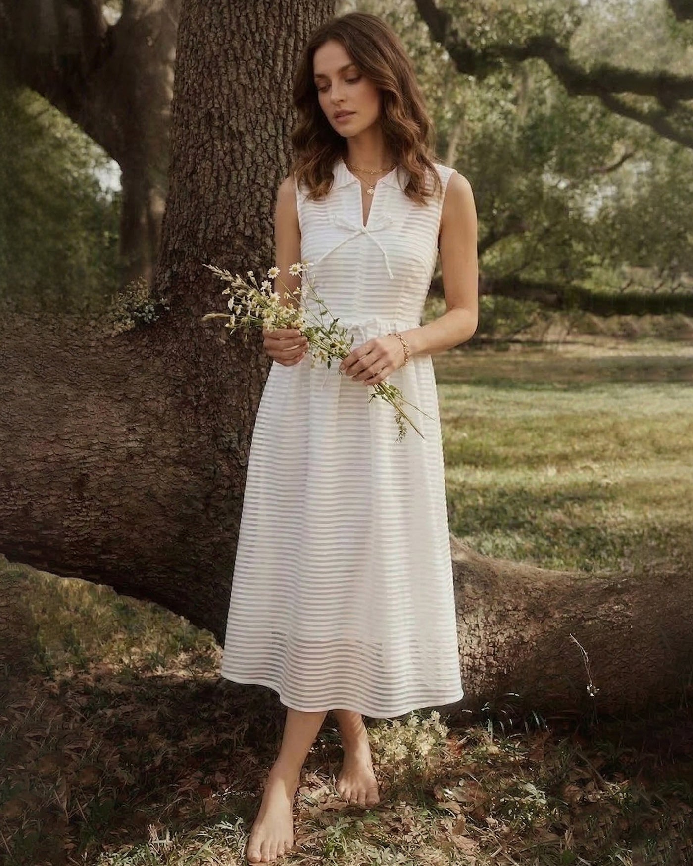White Striped Sleeveless Midi Dress