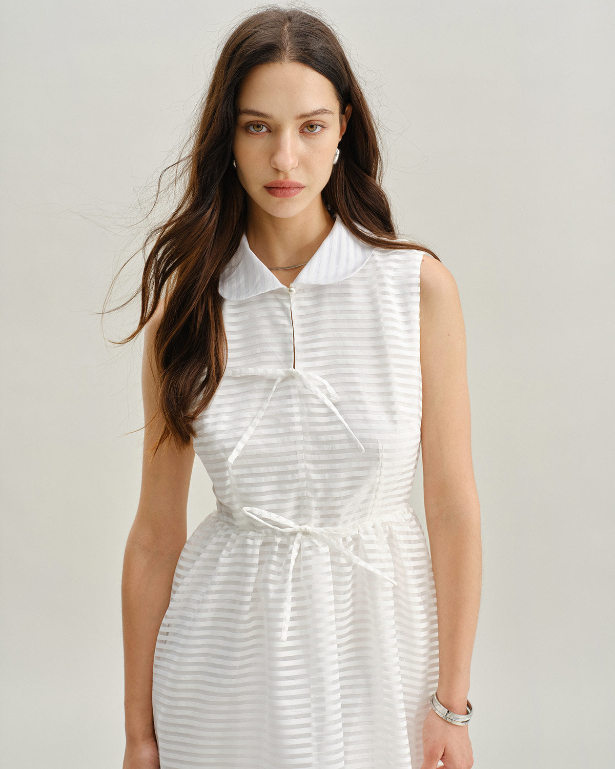 White Striped Sleeveless Midi Dress