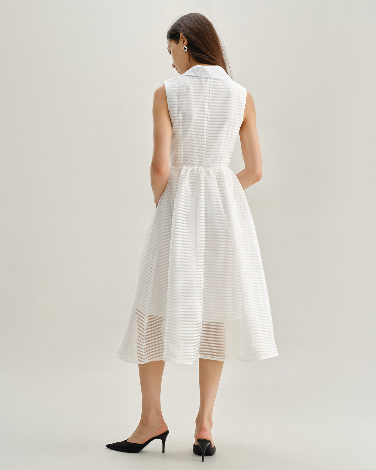 White Striped Sleeveless Midi Dress