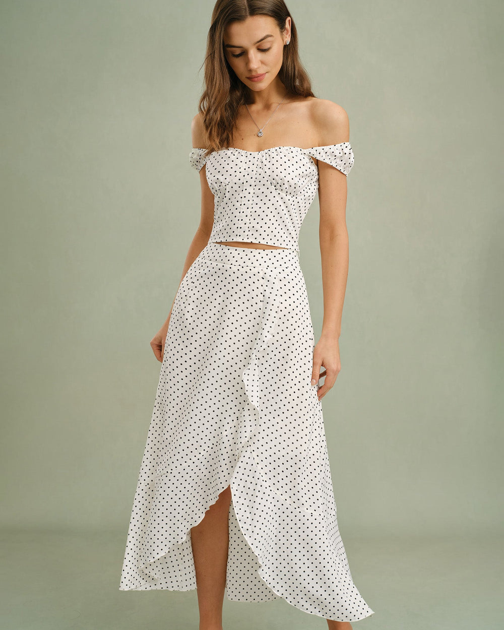 White Ruffle Polka Dot Midi Skirt