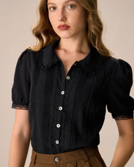 Women's Black Chelsea Collar Lace Trim Cotton Blouse