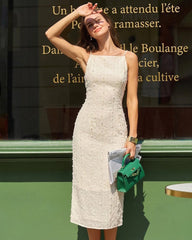 Beige Textured Beaded Slip Midi Dress