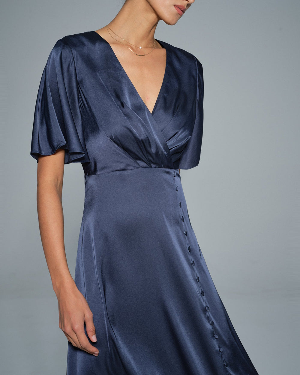 Navy V Neck Satin Midi Dress