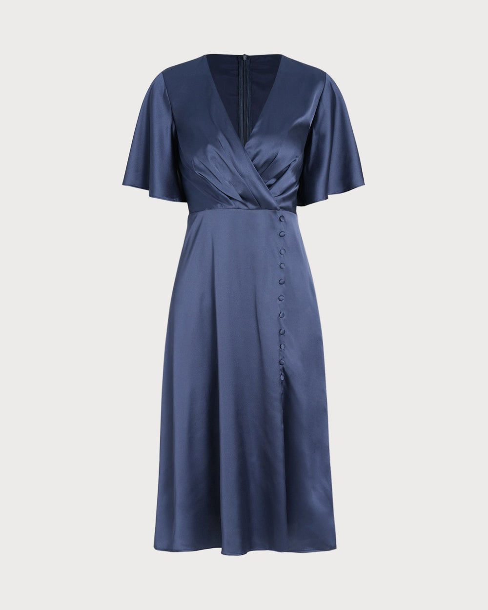 Navy V Neck Satin Midi Dress