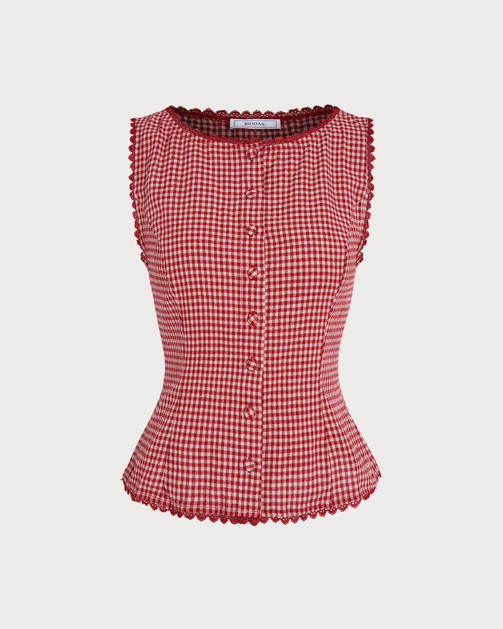 Red Gingham Boat Neck Sleeveless Tank Top