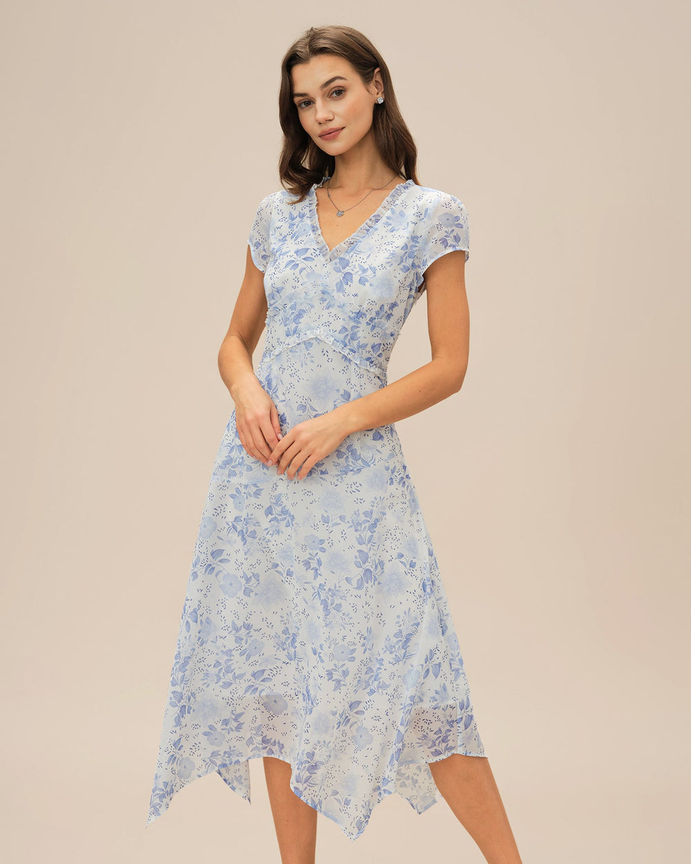 Blue V Neck Floral Midi Dress