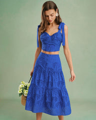 Blue Embroidery Midi Skirt