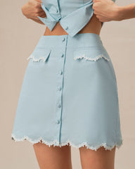 Blue Lace Pocket Button Mini Skirt