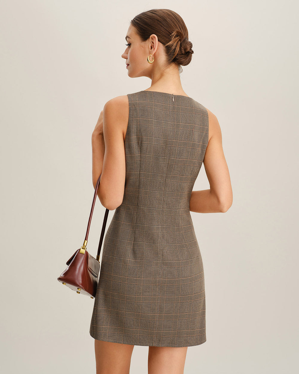 Brown Plaid Sleeveless Mini Dress