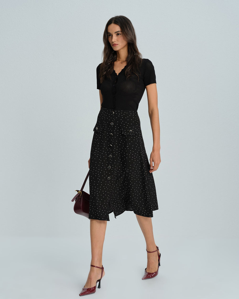 Black Polka Dot Midi Skirt