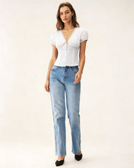 White V Neck Lace Splicing Tee