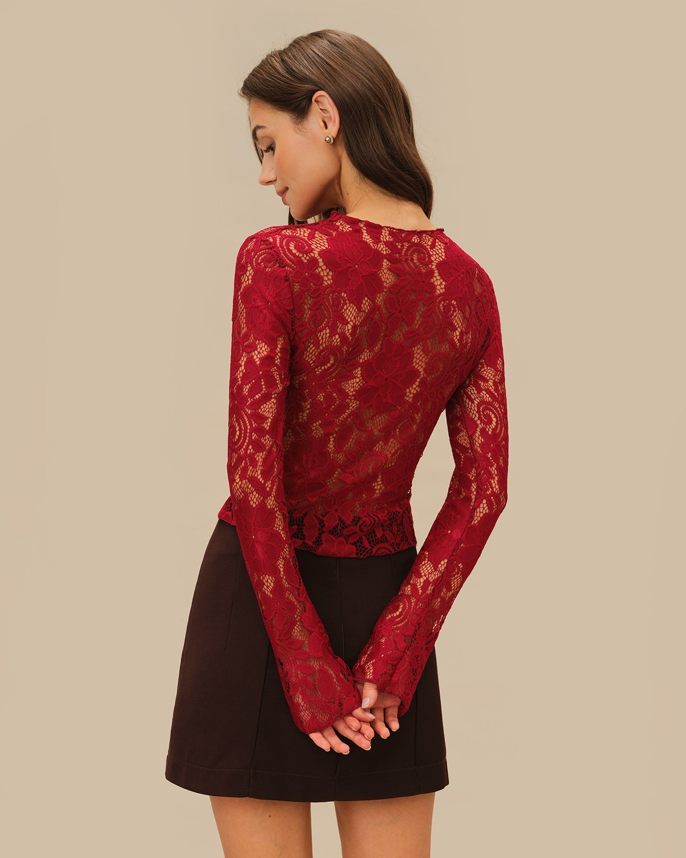 Wine Red Floral Lace Tee