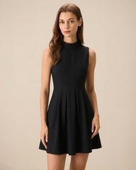 Black Mock Neck Ruched Sleeveless Mini Dress