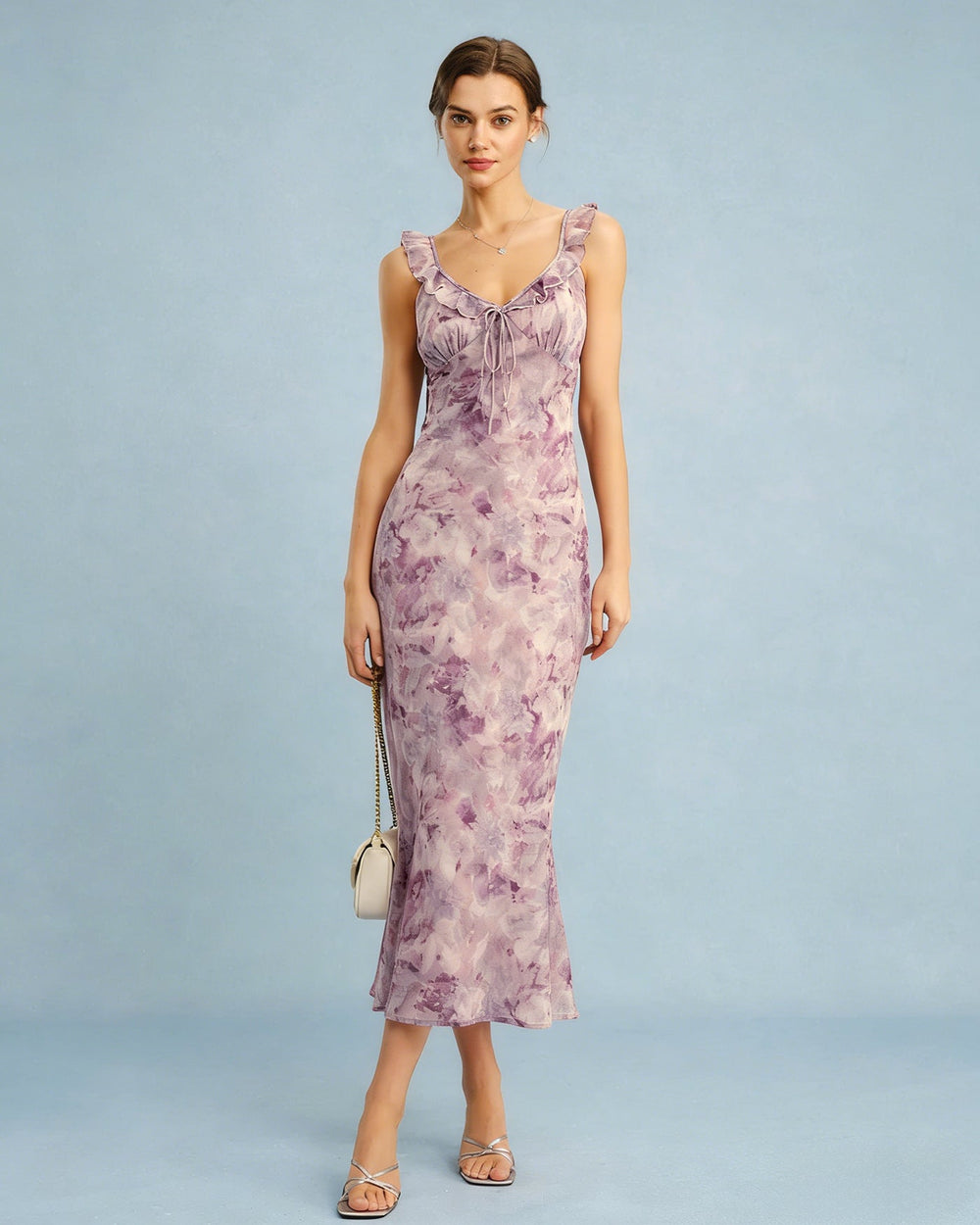 Purple Ruffle A-Line Slip Maxi Dress