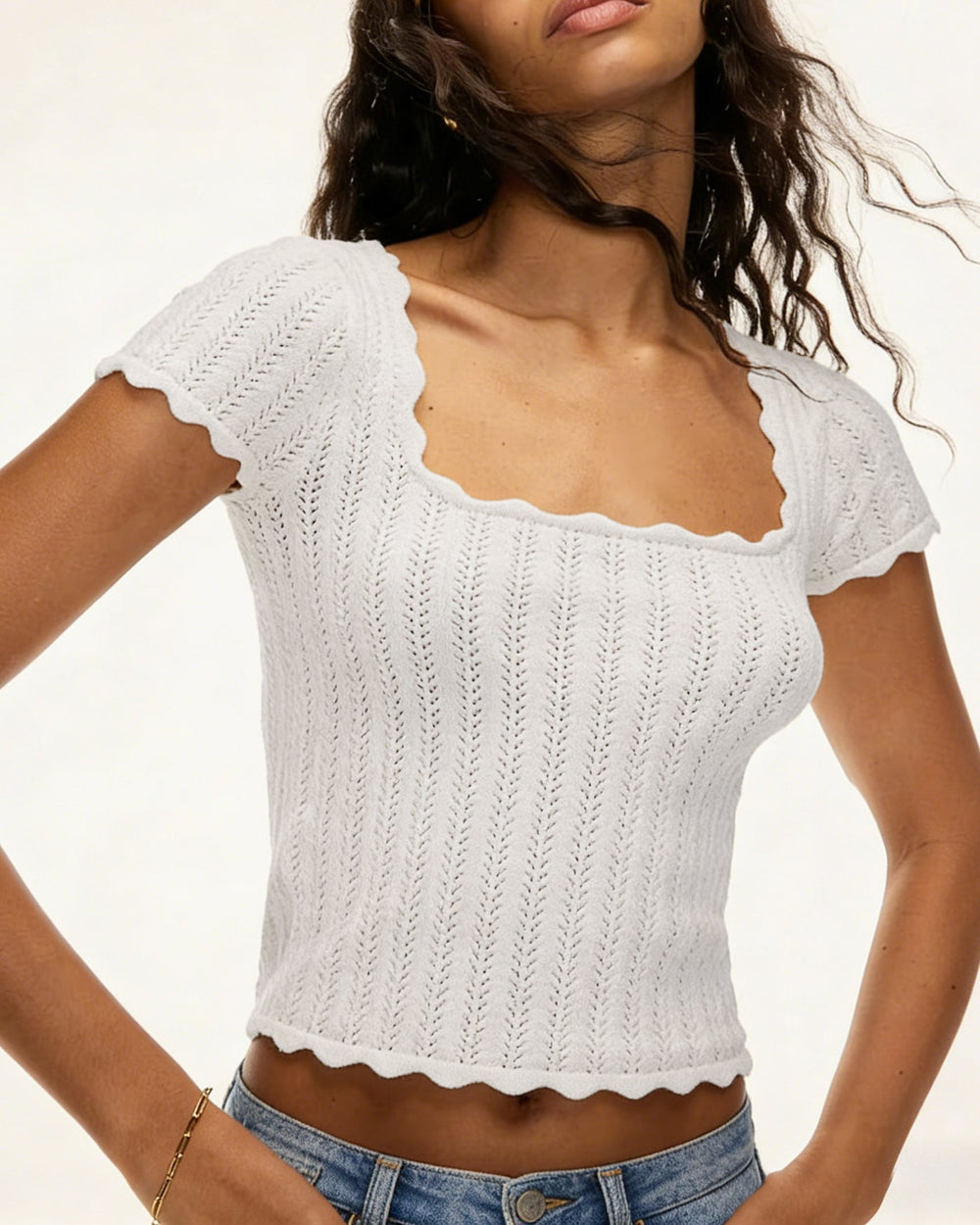 White Square Neck Textured Tee