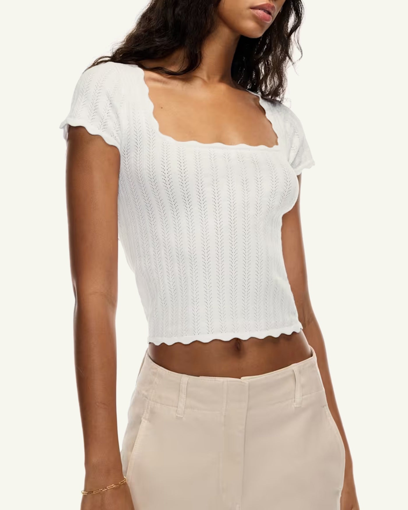 White Square Neck Textured Tee